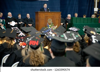 Hanover, Indiana/USA - May 12, 2013: The Spring 2013 Ivy Tech Graduation Ceremony. Students And Families Listen To Senator Joseph Joe Donnelly Giving The Commencement Address.