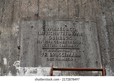 Hanover, Lower Saxony, Germany - June 28, 2022: Inscription of a high air raid shelter tower from the time of World War II. L. Winkel, air raid towers Duisburg.