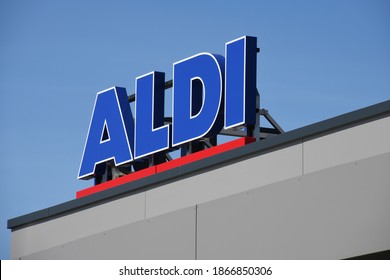 Hanover, Lower Saxony, Germany - May 21, 2020: Sign at the entrance to an ALDI Nord store in Hanover, Germany  -  ALDI is the common brand of two leading global supermarket chains