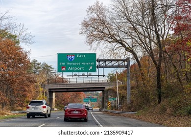Hanover, MD - Nov. 25, 2021: Driving on MD-295 approaching the Exit for I-195 East to BWI Thurgood Marshall Airport.