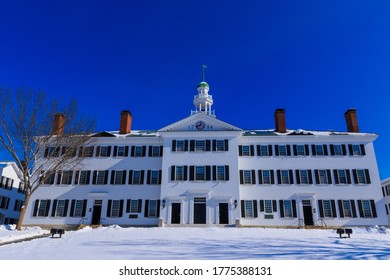 HANOVER, NH, USA - February 9, 2020: Originally built in the 18th century and subsequently destroyed twice by fires and rebuilt, Dartmouth Hall stands on the campus of Dartmouth College.