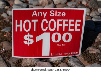 Hanover, PA USA - November 6, 2019: A Red $1 Any Size Coffee Sign.