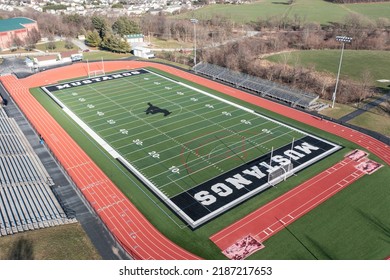 HANOVER, PENNSYLVANIA - DECEMBER 29, 2020 : Aerial View Of The  
Southwestern High School Football Stadium In Hanover, PA. 