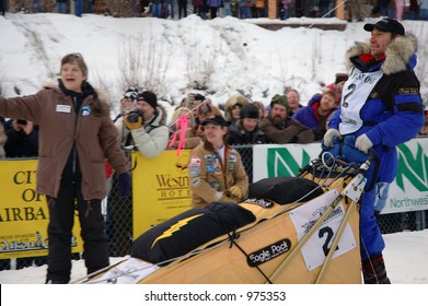 Hans Gatt Slides Through The Starting Gate Of The Yukon Quest Sled Dog Race.