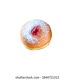 Hanukkah Celebration Concept. Tasty Donut With Jam Isolated On White. Top View.