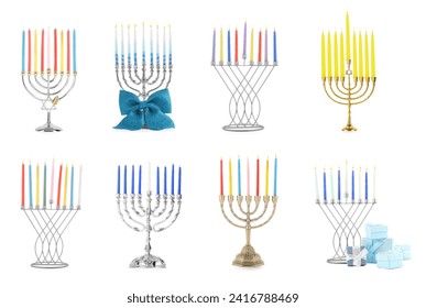 Hanukkah celebration. Menorahs and gift boxes isolated on white, set - Powered by Shutterstock