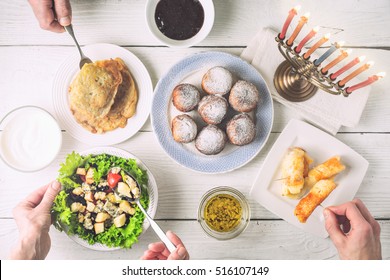 Hanukkah Dinner With Traditional Dishes Horizontal