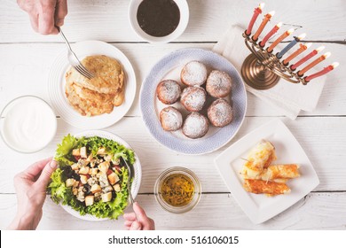 Hanukkah Dinner With Traditional Dishes Top View