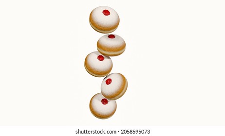 Hanukkah donuts 'sufganiyah' isolated on white background with space for text. Jam and sugar powder topping, Hanukkah dessert concept. Traditional Jewish sweet doughnut symbols, delicious pastry food.