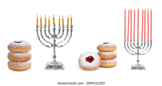 Hanukkah doughnuts and silver menorahs on white background, collage. Banner design