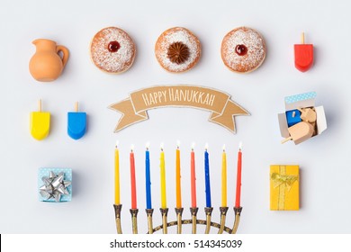 Hanukkah holiday food and objects for mock up template design.View from above. Flat lay