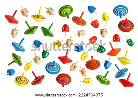 Hanukkah Jewish holiday. Wooden dreidels (spinning top) on white background Stock fotó © 