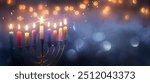 Hanukkah Menorah - Burning Candles With Glittering In Abstract Defocused Background