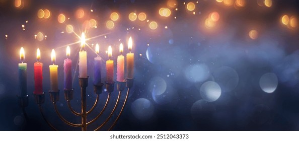 Hanukkah Menorah - Burning Candles With Glittering In Abstract Defocused Background