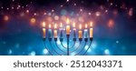 Hanukkah Menorah - Candles With Glittering And David Stars In Shine Lights - Abstract Defocused Background