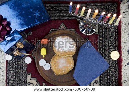 Similar – Image, Stock Photo Jewish Hanukkah menorah on blue and pink background