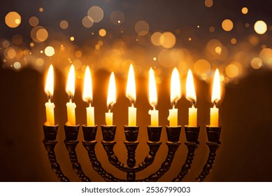 Hanukkiah, Hanukkah Menorah with burning candles on dark background with golden bokeh lights. Celebration Hanukkah concept.