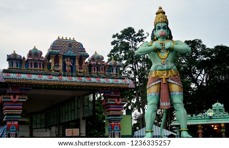 Hanuman statue in front of Ramayana Cave at Batu Caves complex. Batu Caves  is a limestone hill that has a series of caves and cave temples in Gombak, Selangor, near Kuala Lumpur, Malaysia.