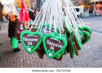 HANVOER, GERMANY - DECEMBER 03, 2015: Gingerbread Hearts With The Lettering Of The Soccer Club Hanover 96, Which Play In The Bundesliga, The Top Tier In The German Football League System