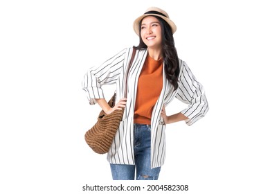 Happineess Travelcheerful Asian Adult Female Teenager Wear Summer Hat And Backpack Casual Cloth Ready To School Concept Isolate White Background