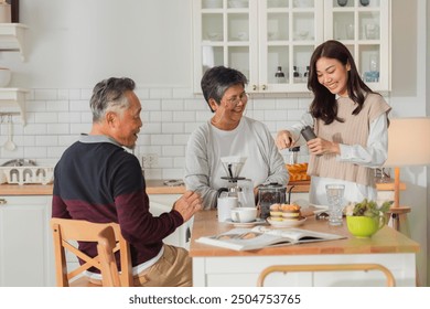 happiness asian family bonding family reunion fresh coffee bean drip process together in kitchen Drip coffee Mature woman pouring coffee cup for senior woman sitting at dining table lifestyle family - Powered by Shutterstock