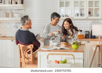 happiness asian family bonding family reunion fresh coffee bean drip process together in kitchen Drip coffee Mature woman pouring coffee cup for senior woman sitting at dining table lifestyle family - Powered by Shutterstock