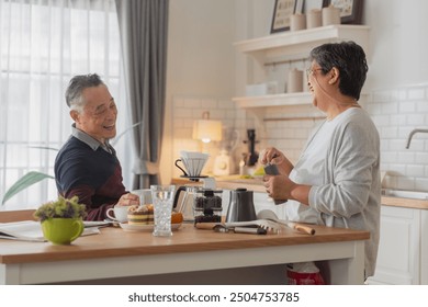 happiness asian family bonding family reunion fresh coffee bean drip process together in kitchen Drip coffee Mature woman pouring coffee cup for senior woman sitting at dining table lifestyle family - Powered by Shutterstock