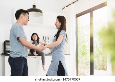 Happiness Asian Family Dad Dancing With Mom And Daughter Togehter Home Sweet Home Concept