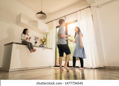 Happiness Asian Family Dad Dancing With Mom And Daughter Togehter Home Sweet Home Concept