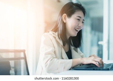 Happiness Asian Smart Woman Work With Energy And Positive Thinking Use Laptop In Meeting Room Office Bakground