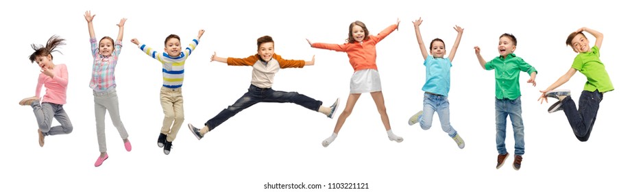 happiness  childhood  freedom  movement   people concept    happy kids jumping in air over white background