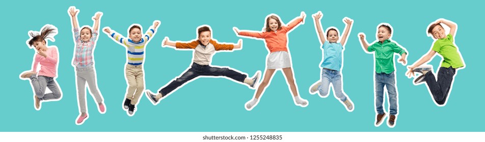 Happiness, Childhood, Freedom, Movement And People Concept - Magazine Style Collage Of Happy Kids Jumping In Air Over Blue Background