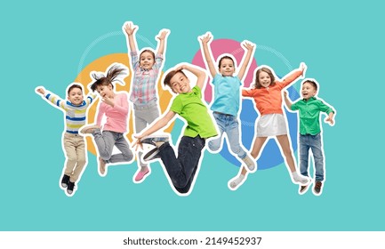 happiness  childhood   people concept    magazine style collage happy kids jumping in air over blue background