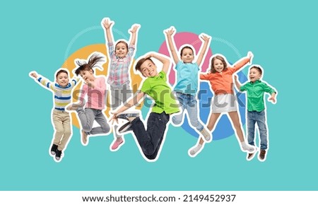 happiness, childhood and people concept - magazine style collage of happy kids jumping in air over blue background