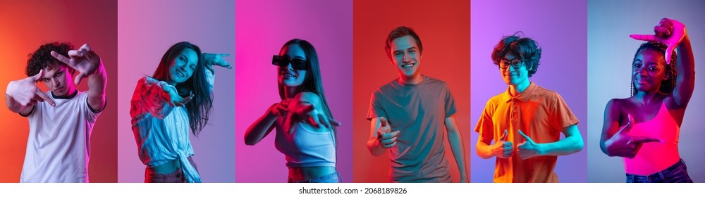 Happiness. Collage of an ethnically diverse young people showing positivity isolated over multicolored background. Youth culture. Concept of emotions, facial expression, feelings, fashion, beauty, ad - Shutterstock ID 2068189826
