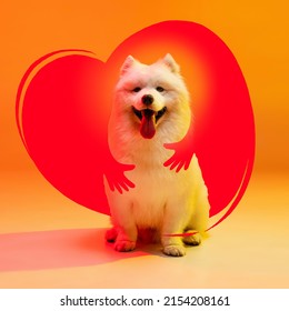 Happiness. Contemporary art collage with beautiful cute dog that is hugged by drawn human hands against orange color background with drawn heart. Concept of care, love, vet, ad - Shutterstock ID 2154208161