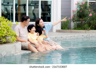 Happiness Family Relaxation At Poolside In The Home With Enjoyment Together, Summer Holiday, Father And Mother And Children Leisure At Swimming Pool With Happy, Relationship And Bonding.