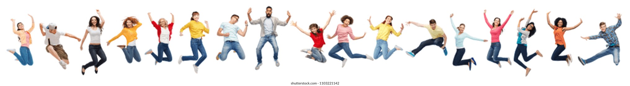 Happiness, Freedom, Motion And Diversity Concept - Happy People Jumping In Air Over White Background