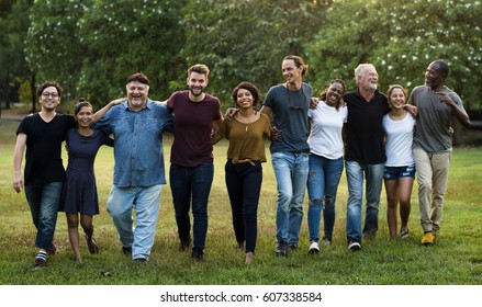 Happiness Group Of People Huddle And Smiling Together