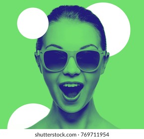 Happiness And People Concept - Portrait Of Happy Amazed Teenage Girl In Sunglasses, Trendy Duotone Effect