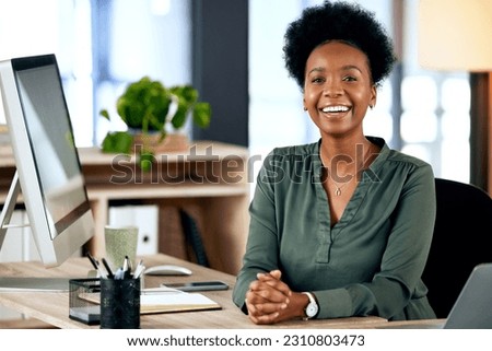 Happiness, pride and portrait of black woman at desk with smile, computer and African entrepreneur with smile. Happy face of businesswoman in office, small business startup and receptionist at agency