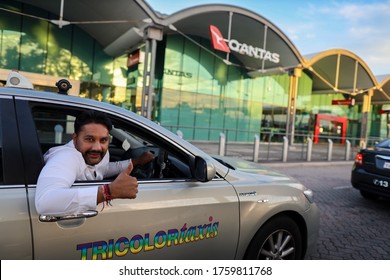 Happiness Taxi Driver Rising Thumb Up While Waiting For Passengers At Perth Airport, Perth City Australia, 10/6/2020 