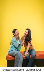 happiness two young woman chatting together with hands on lips when sitting