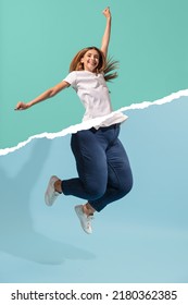 Happiness, win, success. Creative art collage with young slim girl and plus-size woman jumping isolated on blue-green background. Weight loss, fitness, healthy eating, motivation concept.
