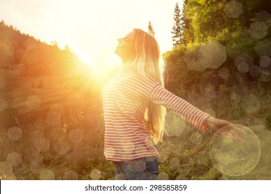 Happiness Woman Stay Outdoor Under Sunlight Of Sunset