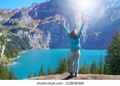 Happiness Woman Traveller Hiker Enjoys Amazing Stock Photo 1228030360 ...