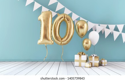 Happy 10th Birthday Party Celebration Balloon, Bunting And Gift Box. 3D Render