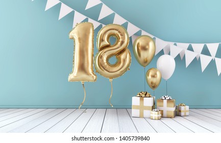 Happy 18th Birthday Party Celebration Balloon, Bunting And Gift Box. 3D Render