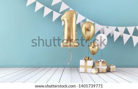 Happy 1st birthday party celebration balloon, bunting and gift box. 3D Render