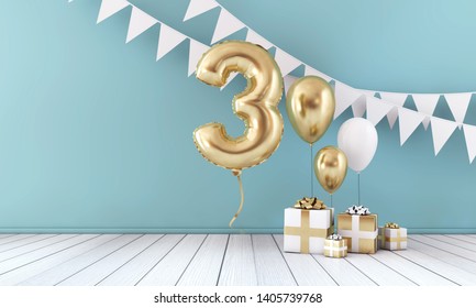 Happy 3rd Birthday Party Celebration Balloon, Bunting And Gift Box. 3D Render